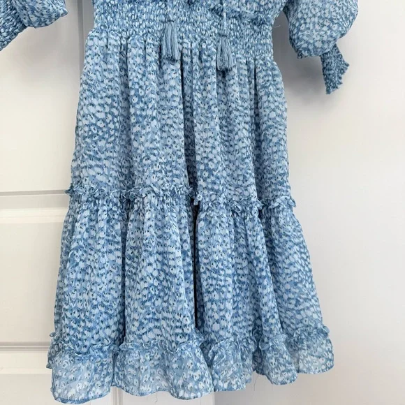 Lovestitch Sheer Floral Bishop Sleeve Ruffle Tier Mini Dress Light Blue Size S - Picture 4 of 12